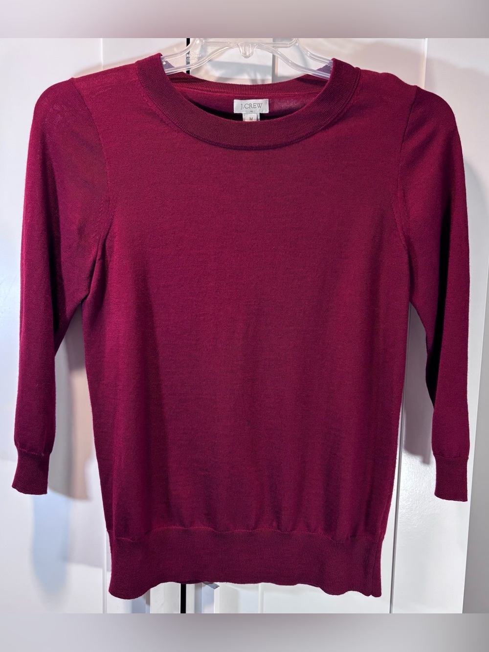 J.Crew 100% Merino Wool Sweater Women M Burgundy Crewneck 3/4 Sleeve style 93577